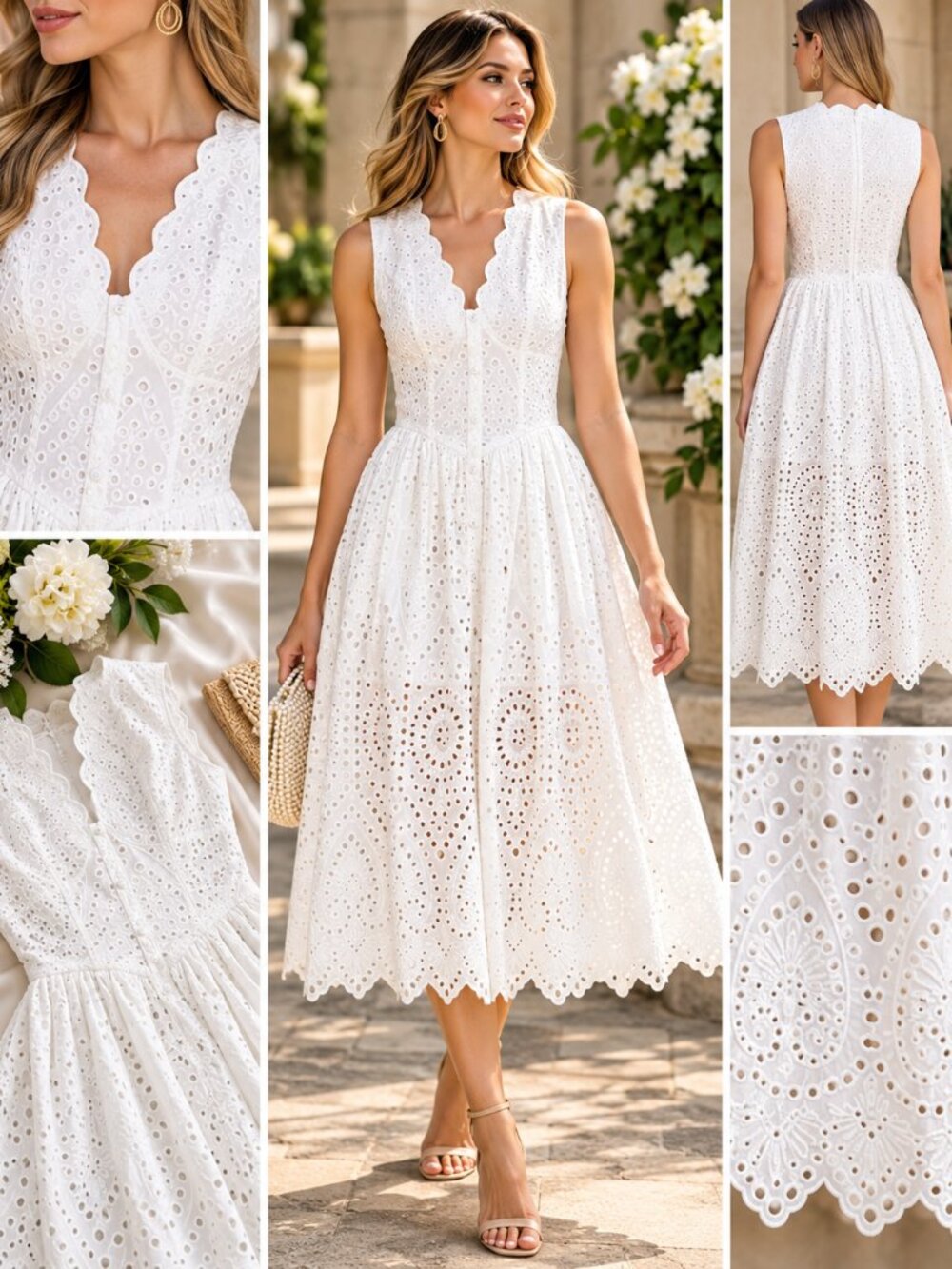 Avec Les Filles White Eyelet Midi Dress Scallop Neck Sleeveless Size 2 NWT